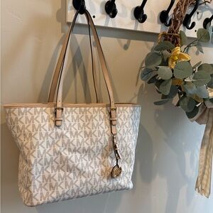 Michael Kors Cream and Tan MK Logo Tote